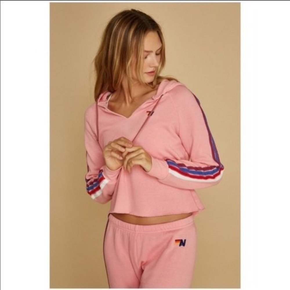 *Rare* Aviator Nation Cropped Hoodie Striped Sleeves Pink